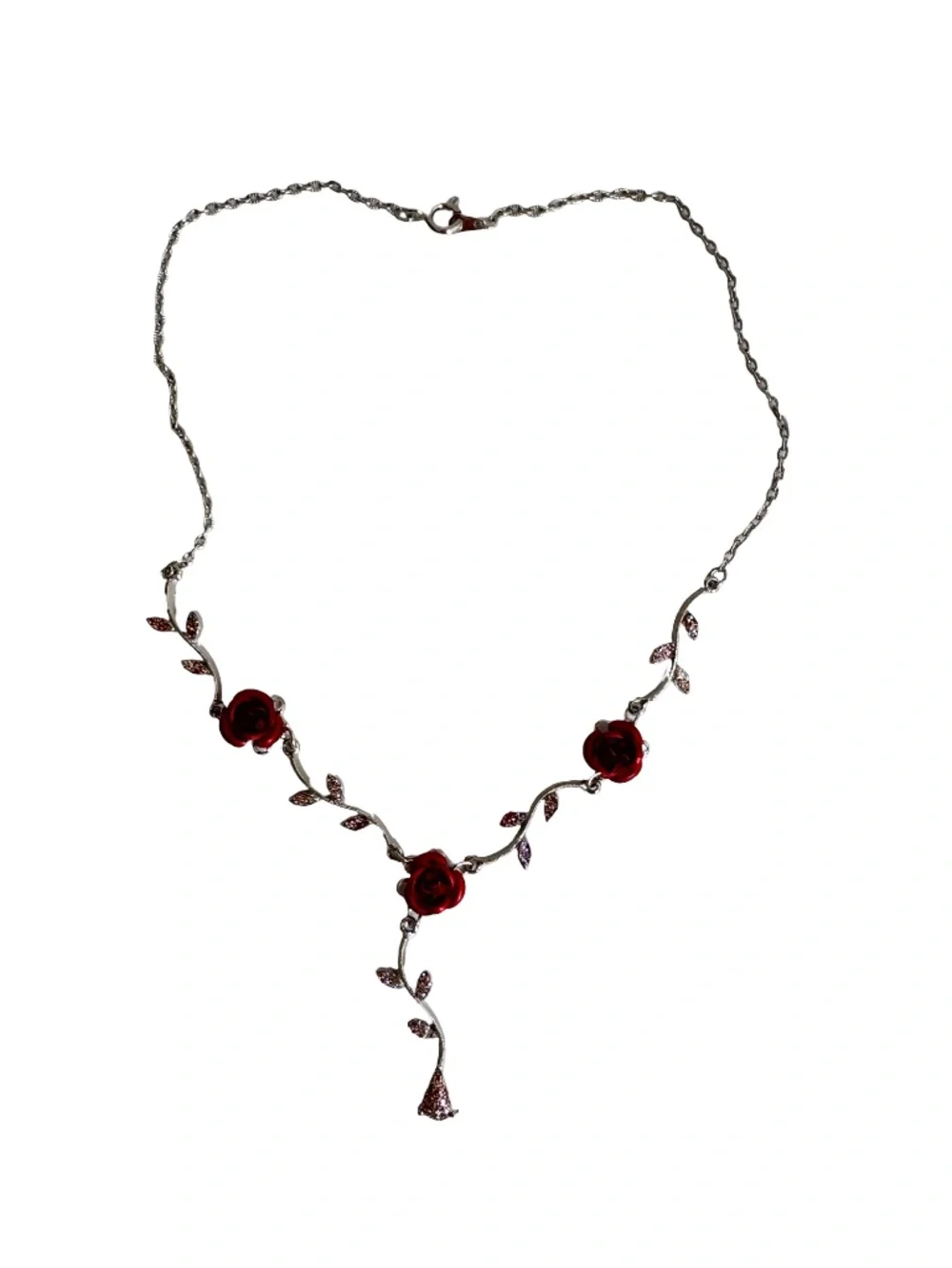 Vintage Red Rose Enamel Necklace Y Drop Crystal Leaf Silver Tone Floral 15